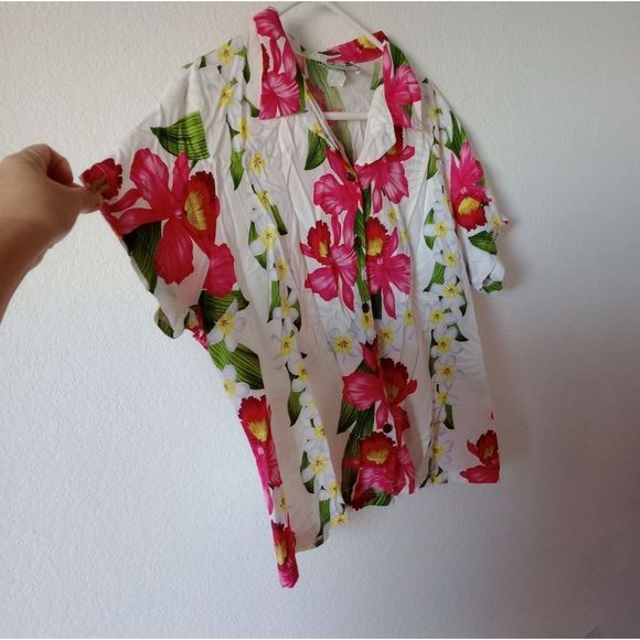 Two Palms Women's Hawaiian Button Down Shirt Plumeria Orchids size XL - Picture 6 of 9